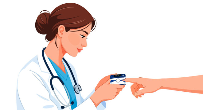 Clinician measuring blood oxygen saturation with a pulse oximeter