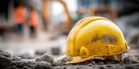 Yellow hard hat rests on the ground amidst rubble at a construction site