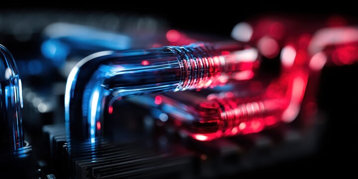 Close-up of a liquid cooling system with blue and red glowing tubes on a dark background