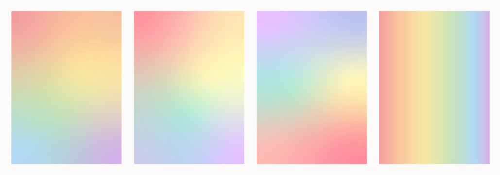 Set of muted pastel rainbow gradient backgrounds. Soft abstract mesh blends with texture. Minimalist modern backdrops for social media, web design, posters and print. Vector illustration collection.