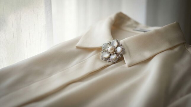 Mother-of-Pearl and Silver Blossom Brooch on Ivory Silk