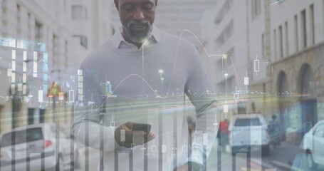 Checking smartphone, man in gray sweater and white shirt on street with financial charts overlay © vectorfusionart