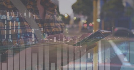 Vertical video: Man tapping phone on street, animating charts and bars over screen tracking market © vectorfusionart