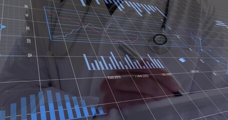 Leaning white-coat doctor reviewing notes at clinical desk, with stethoscope pen holographic charts © vectorfusionart