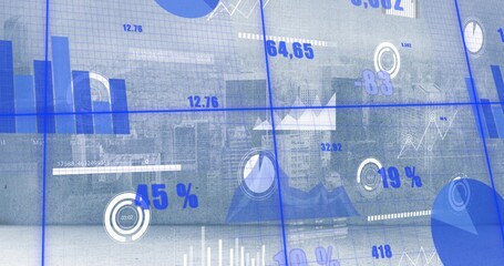 Displaying blue dashboard on glass panels at office, showing charts, percent labels, suited figures