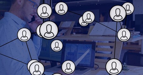 Man taking phone call and speaking in business office, network avatars expanding, syncing charts © vectorfusionart