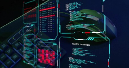 Showing holo HUD over RGB keyboard, green mouse on dark desk, displaying ANALYSING INFORMATION