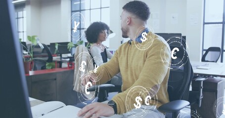 Turning male in mustard sweater consulting female coworker at open-plan desks, with currency HUD © vectorfusionart