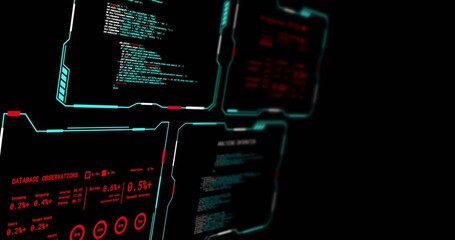 Fototapeta premium Displaying four cyan-framed panels occupying left in dashboard, with code and metrics, copy space