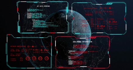 Fototapeta premium Displaying 3D rendered globe rotating at center in dark starfield, with cyan red HUD panels, mesh