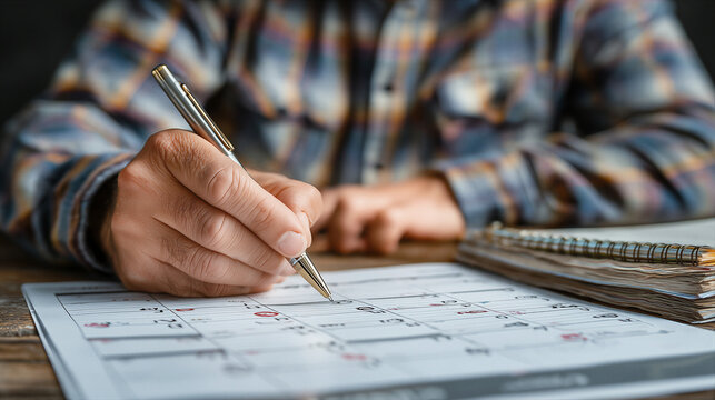 Person writing notes in planner with pen at desk, organizing schedule and tasks, concept of productivity, planning, focus, time management and daily routine.