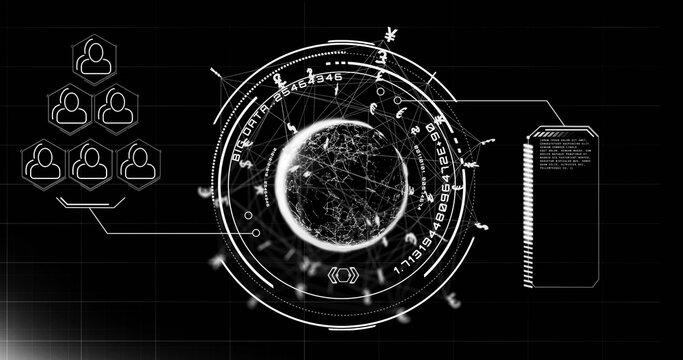 Rotating globe of nodes in ringed HUD, linking over grid to hexagonal cluster, stacked panel