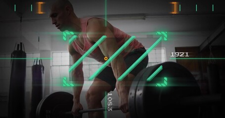 Deadlifting man gripping loaded barbell at gym, wearing pink top and black shorts with HUD overlay © vectorfusionart