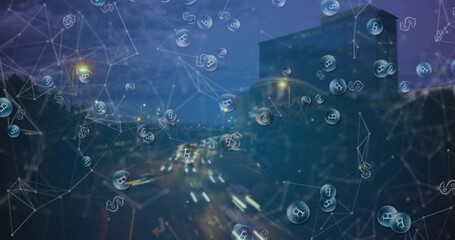 Obraz premium Floating crypto network overlay covering city highway at night, showing Bitcoin coins light trails