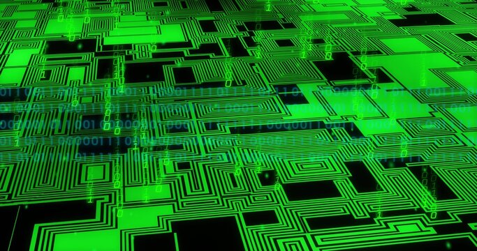 Glowing neon circuit traces creating layered virtual motherboard plane with falling binary streams