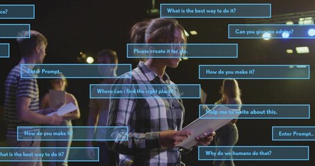 Naklejka premium Reading center teen girl in plaid shirt, jeans holding script on dim stage with blue prompts