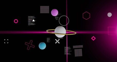 Floating gray sphere with gold ring in black studio, with magenta cross lines, purple cyan spheres