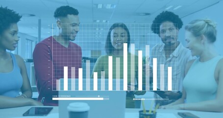Analyzing team of five in smart casual leaning toward laptop at office, with cup, tablet, dashboard