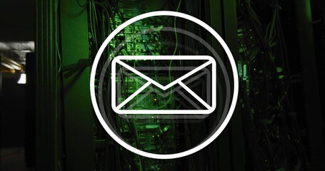 Displaying white outlined envelope icon overlaying racks in data center, with patch panels, LEDs