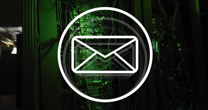 Displaying white outlined envelope icon overlaying racks in data center, with patch panels, LEDs