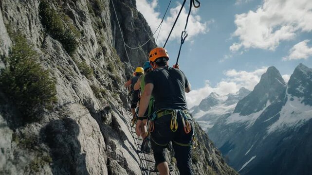 Climbers ascending steep mountain trail.