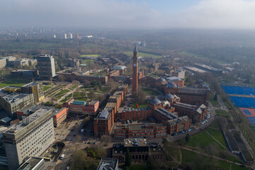 Fototapeta premium Aerial image of Old Joe clock tower and University of Birmingham UK. 