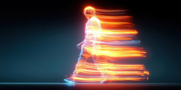 Abstract human figure composed of light trails moving forward with speed and energy