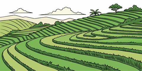 A picturesque landscape of rolling hills and lush green fields under a clear blue sky Vector © RABBYMIA