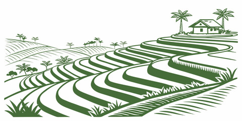 A serene landscape of rolling hills covered in lush green grass and trees Vector © RABBYMIA