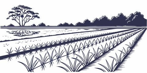 A serene view of a bridge spanning across a tranquil river with lush greenery in the background. Vector © RABBYMIA