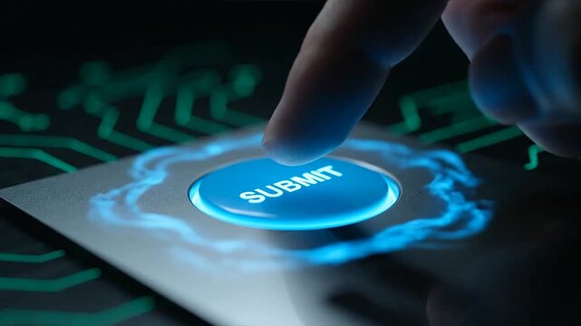 Finger pressing illuminated submit button on digital interface
