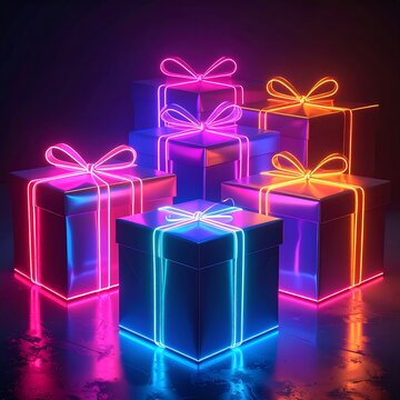 A collection of brightly lit gift boxes with neon ribbons