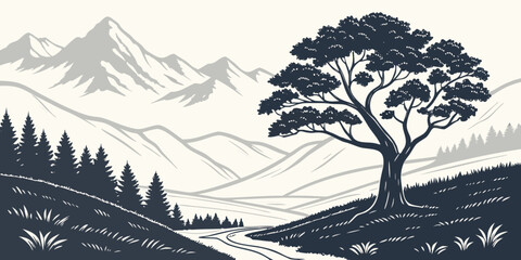 A majestic tree stands tall on a hill overlooking a serene mountain landscape Vector © RABBYMIA