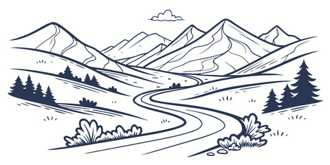 A serene mountain landscape with winding rivers and lush greenery Vector © RABBYMIA