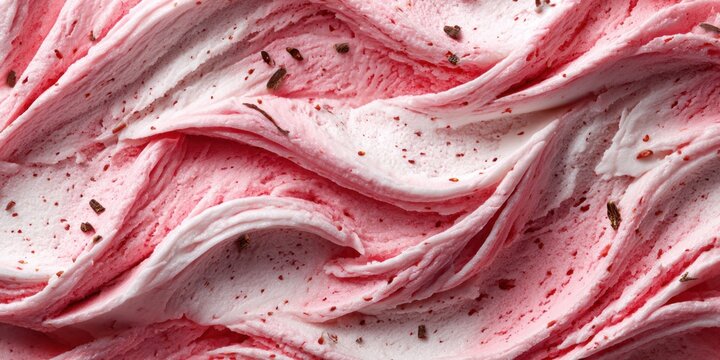 Swirls of creamy strawberry ice cream with dark chocolate chips close up texture