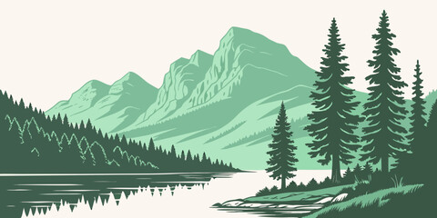 Majestic mountains tower over a serene forest landscape with a calm lake Vector © RABBYMIA