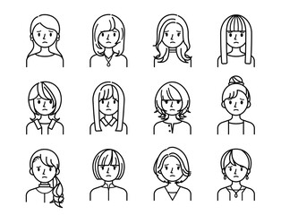 ベクターイラスト素材：困ったり悩んだりしている若い女性の上半身アイコンセット