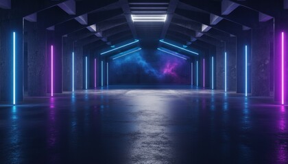 Fototapeta premium Modern futuristic neon corridor with vibrant purple and blue lighting abstract digital background