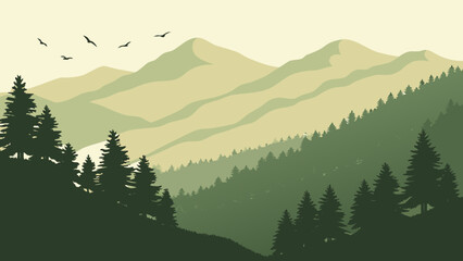 A serene landscape of green mountains and trees under a clear sky Vector © RABBYMIA
