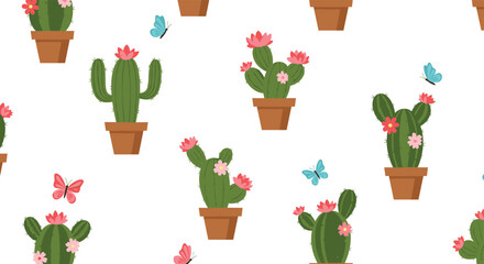 Fototapeta premium Whimsical seamless pattern of green cacti in brown pots decorated with pink flowers and colorful butterflies on a bright white background.