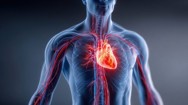 3D rendering of a human circulatory system with a glowing heart and visible arteries and veins