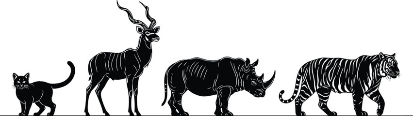 Obraz premium Animal silhouettes featuring domestic cat, antelope, rhinoceros, and tiger with detailed features for wildlife illustration, design, and artistic reference