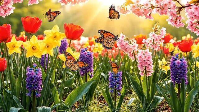 Colorful Flowers and Butterflies in Garden.