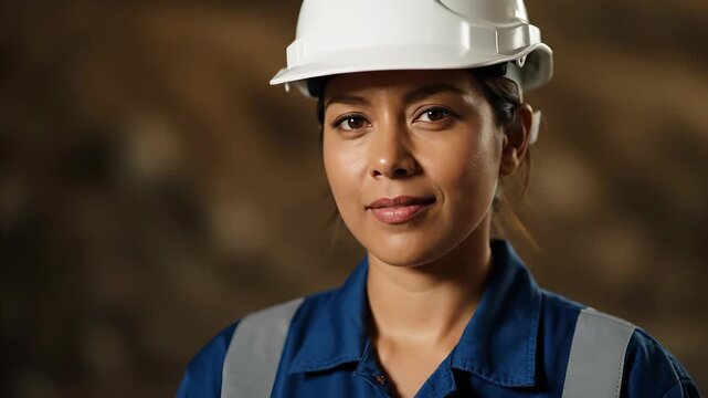 Confident Engineer in Focus: A determined engineer, clad in work attire and a protective helmet, gazes directly at the viewer with a sense of purpose. Focus on her competence and dedication.