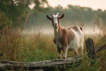 Obraz premium Calm single goat in a green pastoral field with soft bokeh