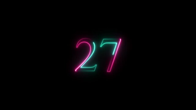 neon text 27 number countdown icon animation on a black background,with 4k video animation.