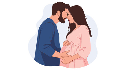 Obraz premium Loving bearded man gently touches his pregnant wife's belly while they stand close together in a tender moment of anticipation and joy.