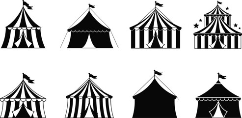 Black Silhouette Vector Set of Circus Tents and Carnival Big Tops with Stripes and Flags for Festival Fair and Entertainment © MDMEHEDI