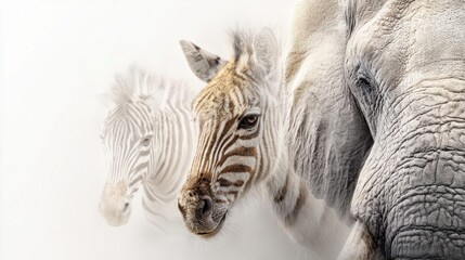 Fototapeta premium Close-up portrait of a zebra foal with an elephant and another zebra in soft focus background