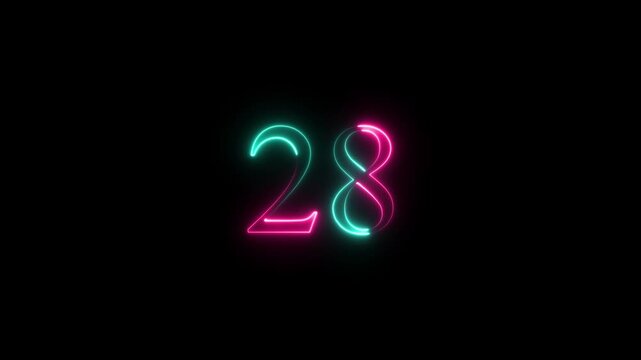 neon text 28 number countdown icon animation on a black background,with 4k video animation.